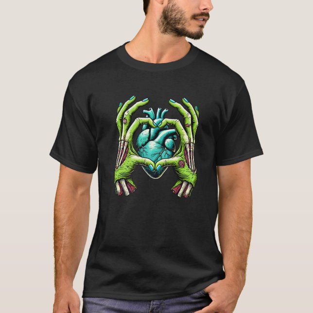 Zombie Skeleton Hands Anatomical Heart Horror Hall T-Shirt (Front)