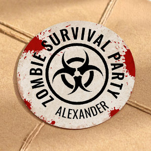 Zombie survival party with a rusty sign and blood classic round sticker