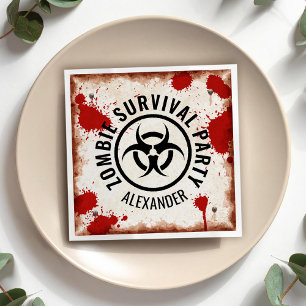 Zombie survival party with a rusty sign and blood napkin