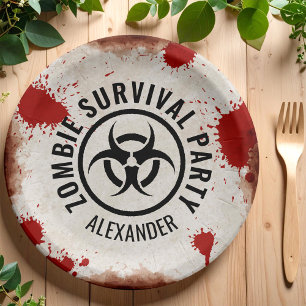 Zombie survival party with a rusty sign and blood paper plate