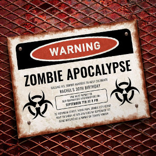 Zombie-themed party invite with warning sign