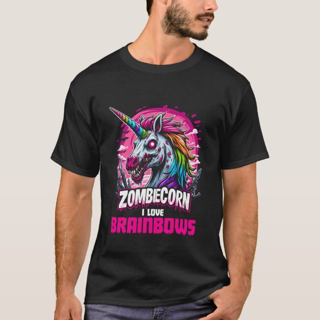 Zombie Unicorn Brains Gothic Funny I Love Brainbow T-Shirt (Front)