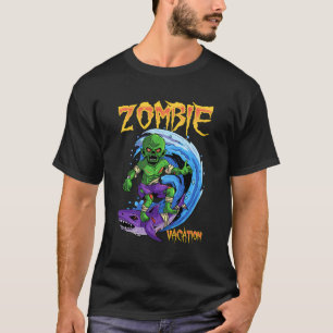 Zombie Vacation Zombie Surfer Riding Zombie Shark T-Shirt