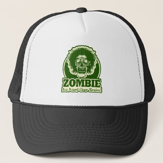 ZOMBIE We Want Your Brains Ver.3 Green & White Trucker Hat (Front)