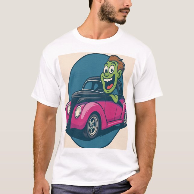 Zombie Zipper: Cartoon Ghoul Cruising in a Hot Rod T-Shirt (Front)