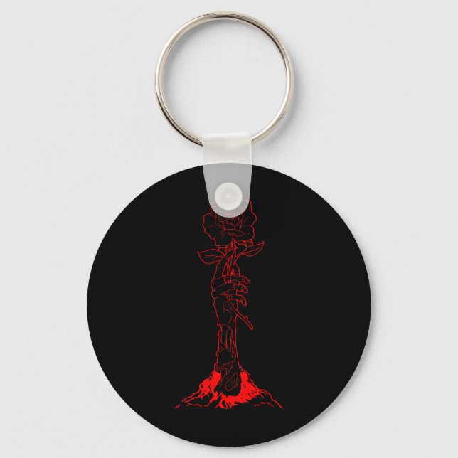 Zombiecore Aesthetic Zombie Hand Red Rose Skeleton Key Ring (Front)