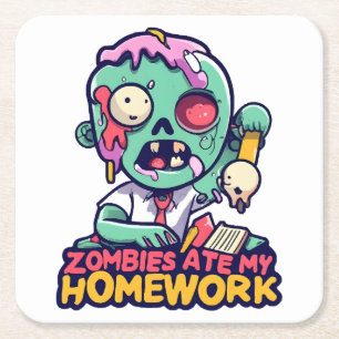 Zombies Ate My Homework Square Paper Coaster