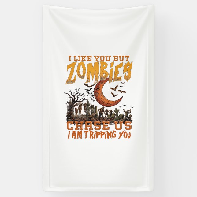 Zombies Chase Us Halloween Graveyard Crescent Moon Banner (Vertical)