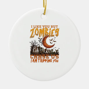 Zombies Chase Us Halloween Graveyard Crescent Moon Ceramic Tree Decoration