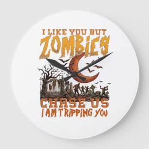 Zombies Chase Us Halloween Graveyard Crescent Moon Large Clock