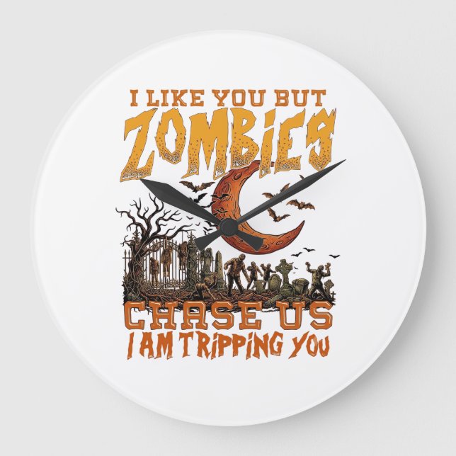 Zombies Chase Us Halloween Graveyard Crescent Moon Large Clock (Front)