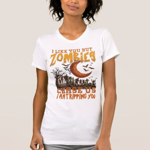 Zombies Chase Us Halloween Graveyard Crescent Moon T-Shirt