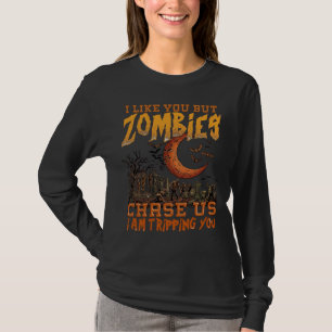 Zombies Chase Us Halloween Graveyard Crescent Moon T-Shirt