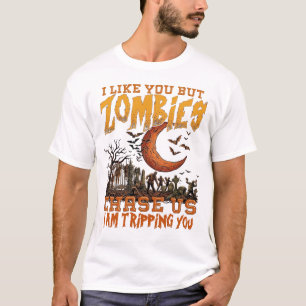 Zombies Chase Us Halloween Graveyard Crescent Moon T-Shirt