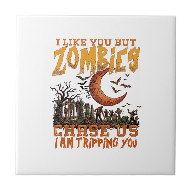 Zombies Chase Us Halloween Graveyard Crescent Moon Tile (Front)