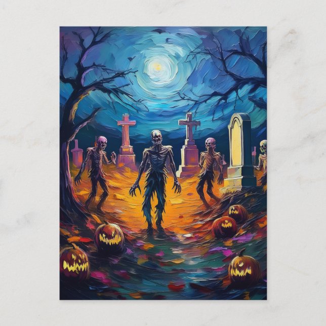 Zombies Rising in Moonlit Graveyard with Pumpkins Postcard (Front)