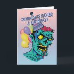 Zombody is Having a Birthday Zombie Card with Ball<br><div class="desc">Funny birthday card with green zombie with a birthday hat and balloons. Perfect card for the zombie lover. Design © 2014 Julia Bryant.</div>