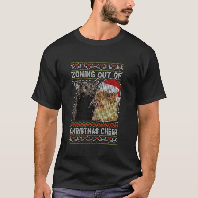 Zoning Out Of Christmas Cheer Cat Staring Christma T-Shirt (Front)