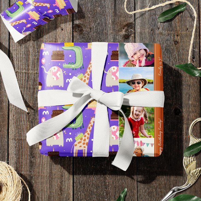 Zoo Animal Pattern Purple Happy Birthday Photo Wrapping Paper (Creator Uploaded)