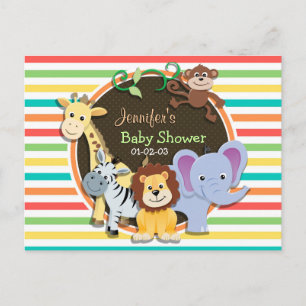 Zoo Animals Baby Shower, Bright Rainbow Stripes Invitation Postcard