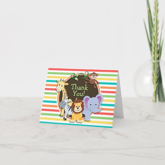 Zoo Animals Baby Shower, Bright Rainbow Stripes Thank You Card (Front)