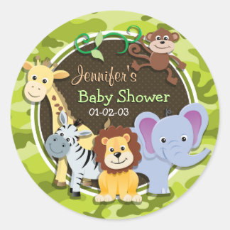 Zoo Animals; bright green camo, camouflage Classic Round Sticker
