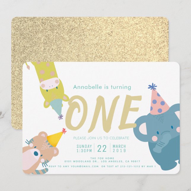 Zoo Animals Elephant Gold Glitter 1st Birthday Invitation (Front/Back)