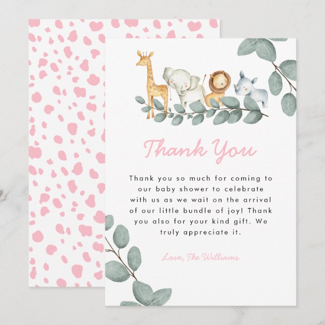 Zoo Animals Girl Baby Shower Thank You Card (Front/Back)