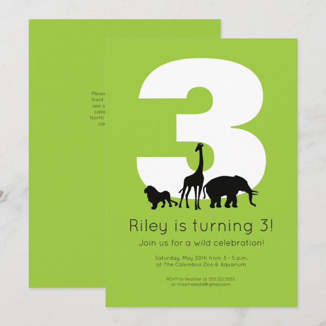 Zoo animals green kid's birthday invitation (Front/Back)