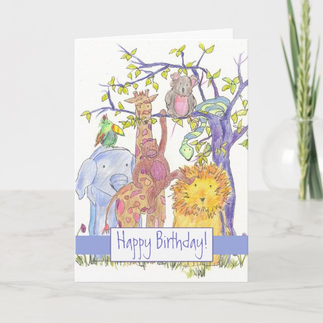 Zoo Animals Happy Birthday Giraffe Lion Elephant Card (Front)