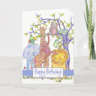 Zoo Animals Happy Birthday Giraffe Lion Elephant Card