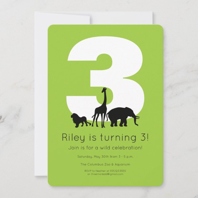 Zoo animals lime green photo kids birthday invitation (Front)