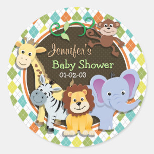 Zoo Animals on Colourful Argyle Classic Round Sticker