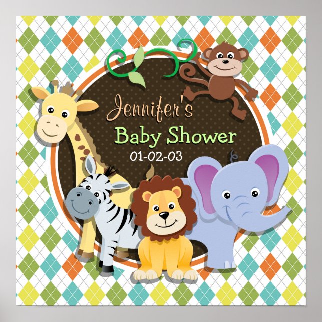 Zoo Animals on Colourful Argyle Poster (Front)