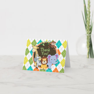 Zoo Animals on Colourful Argyle Thank You Card