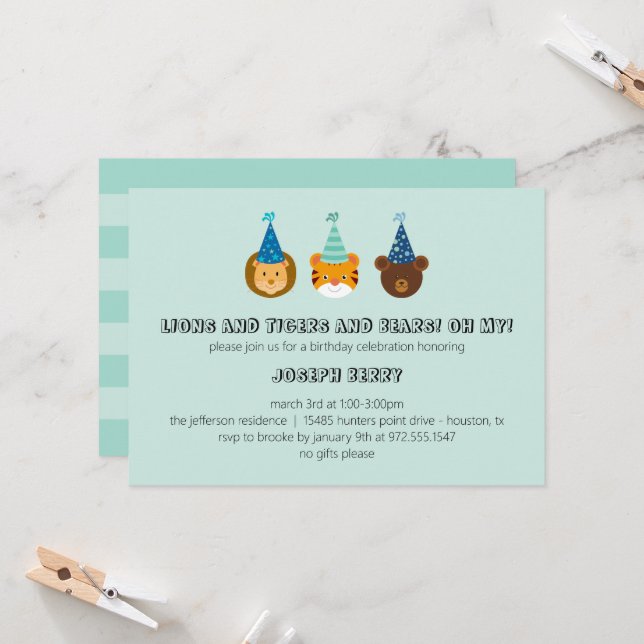Zoo birthday with lions, tigers, bears Invitation (Front/Back In Situ)