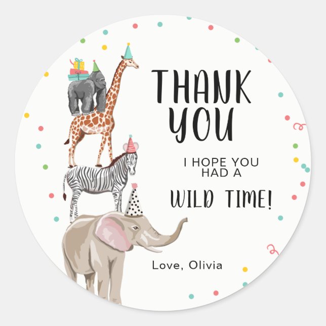 Zoo Party Animals Safari Jungle Wild Thank you Classic Round Sticker (Front)
