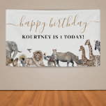 Zoo Safari Animals Kids Birthday Party Banner<br><div class="desc">Zoo kids birthday party banner featuring cute watercolor safari animals (giraffe,  elephant,  lion,  zebra,  leopard,  rhino,  monkey,  bee eater bird),  and a "happy birthday" template that is easy to customise.</div>