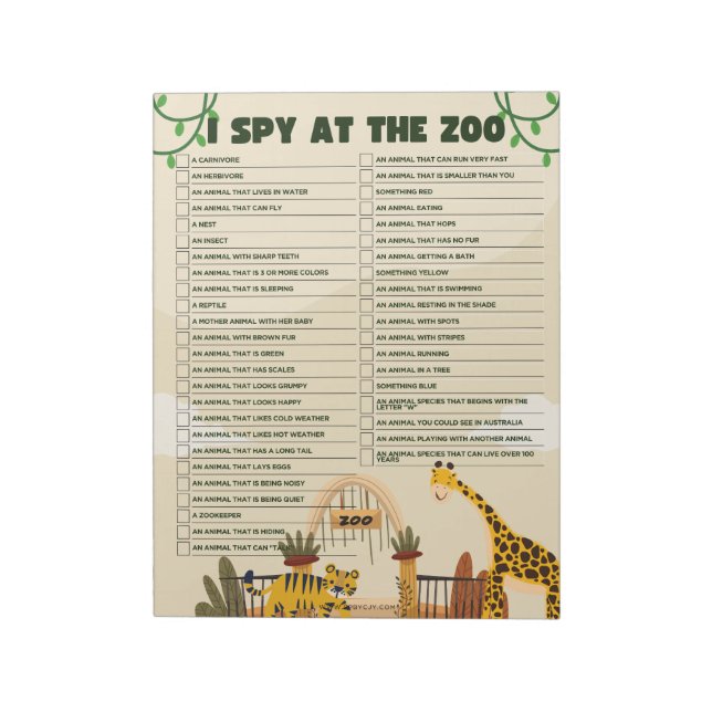 Zoo Scavenger Hunt Educational Notepad (Rotated)