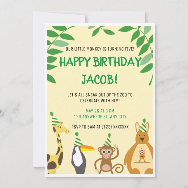 Zoo Themed Kids Birthday Party Invitation (Front)