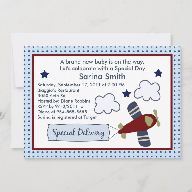 Zoom Along/Aeroplane 2 Baby Shower Invitations (Front)