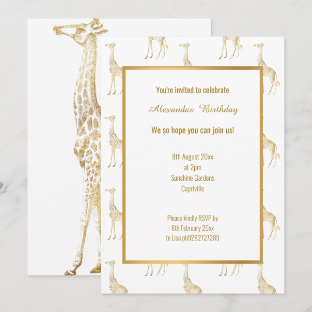 ZOOM THEMED GOLD GIRAFFE BIRTHDAY INVITATION (Front/Back)