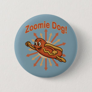 Zoomie Dog Flying Hot Dog Cartoon – Fun Retro 6 Cm Round Badge