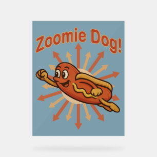 Zoomie Dog Flying Hot Dog Cartoon – Fun Retro Acrylic Sign