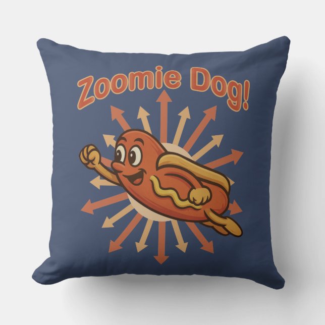 Zoomie Dog Flying Hot Dog Cartoon – Fun Retro Cushion (Front)