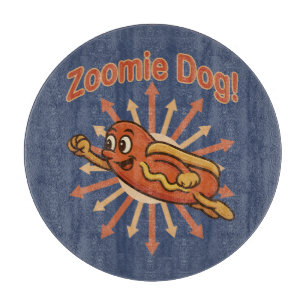 Zoomie Dog Flying Hot Dog Cartoon – Fun Retro Cutting Board