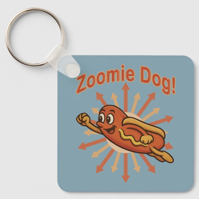 Zoomie Dog Flying Hot Dog Cartoon – Fun Retro Key Ring (Front)