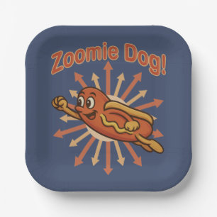 Zoomie Dog Flying Hot Dog Cartoon – Fun Retro Paper Plate