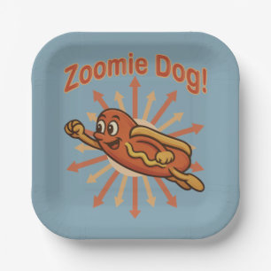 Zoomie Dog Flying Hot Dog Cartoon – Fun Retro Paper Plate