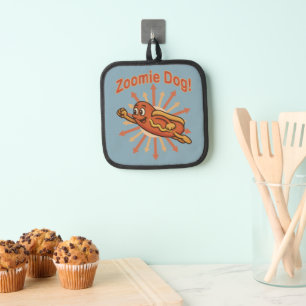 Zoomie Dog Flying Hot Dog Cartoon – Fun Retro Pot Holder